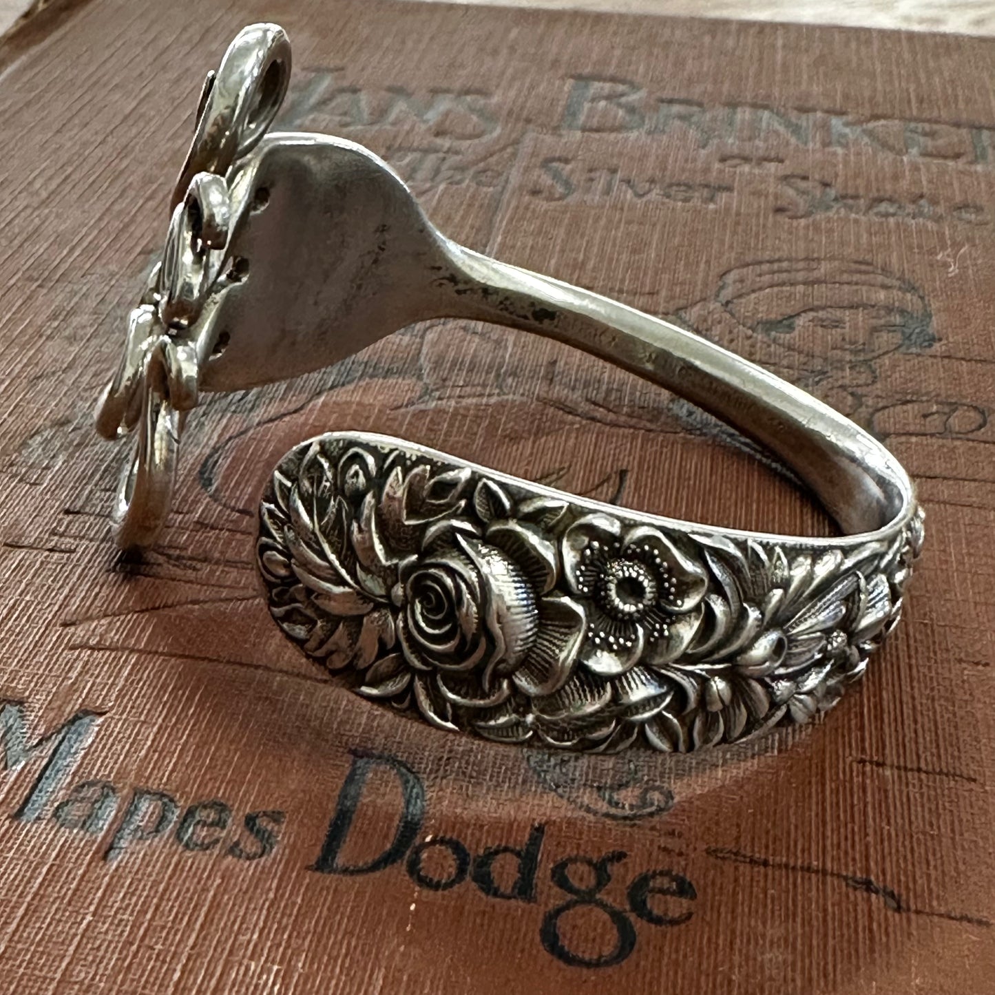 Floral Sterling Fork Bracelet Cuff Repousse