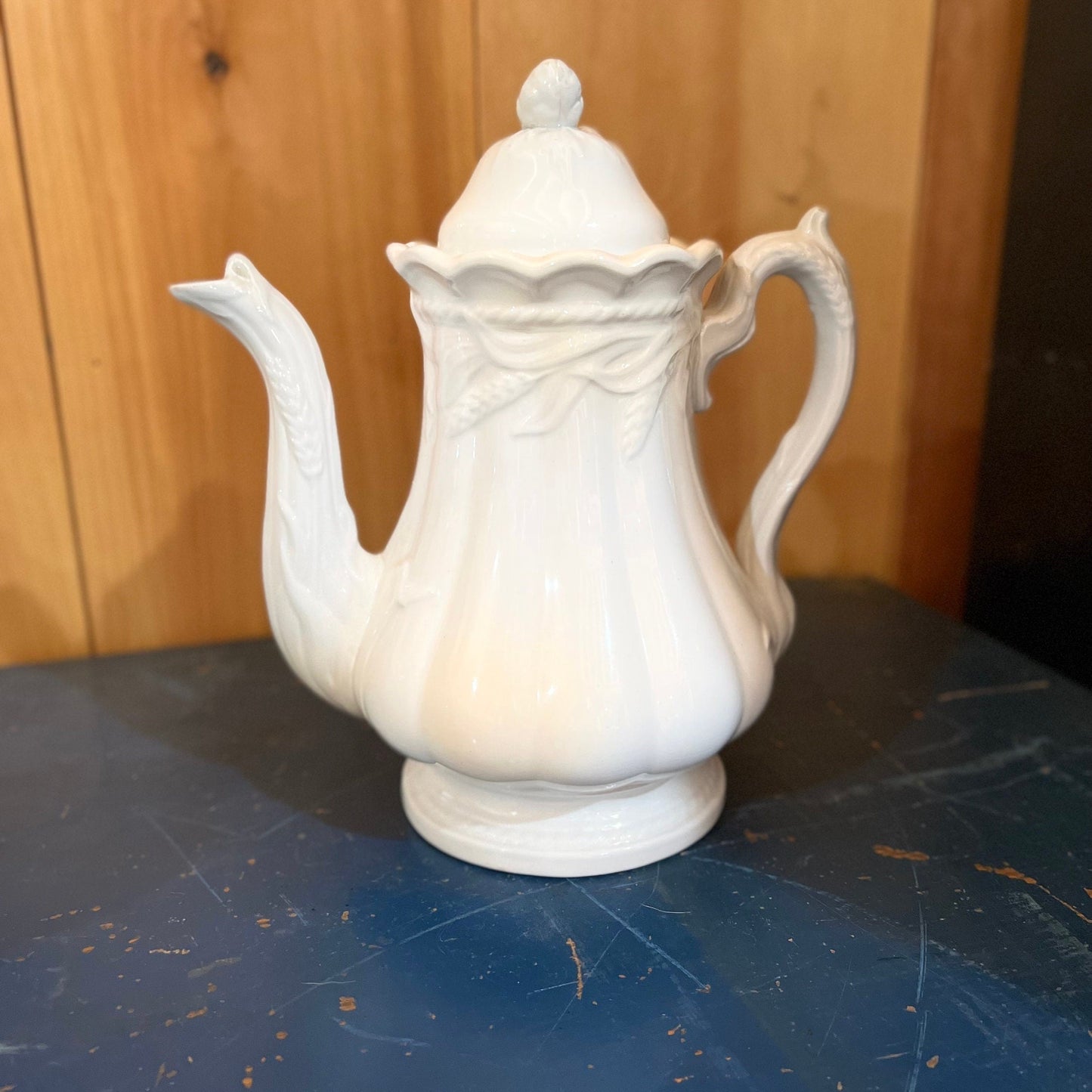 White Ironstone Coffee Pot Wheat Pattern Elsmore & Forster English Ironstone Ceres Wheat