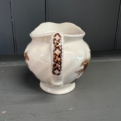 Antique Creamer Syrup Rusty Red Brown Transferware English Ironstone Castle Polychrome