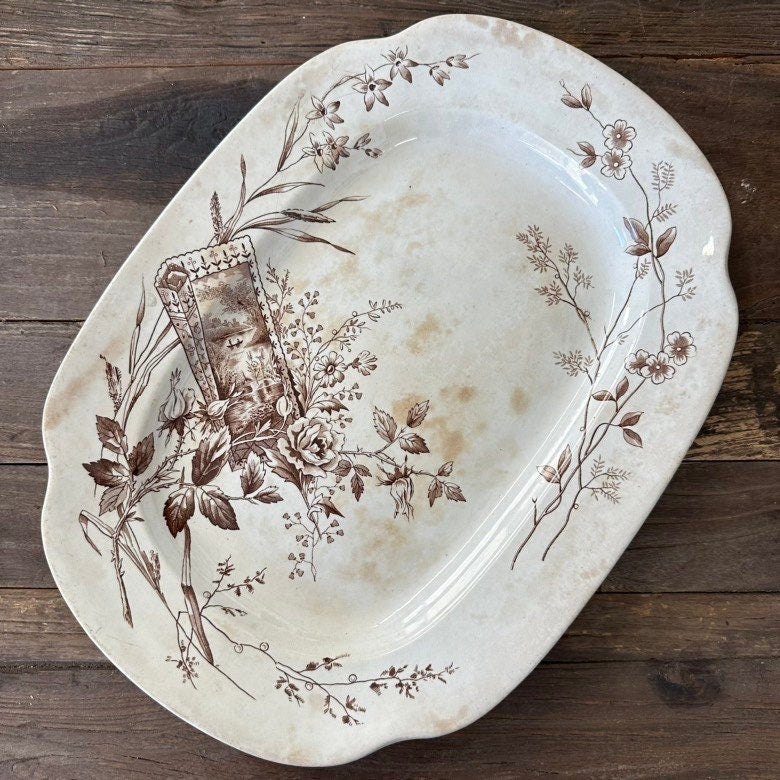 Platter Aesthetic Movement Brown Transferware Floral Pattern English Ironstone Edge, Malkin & Co Trentham Pattern 77306