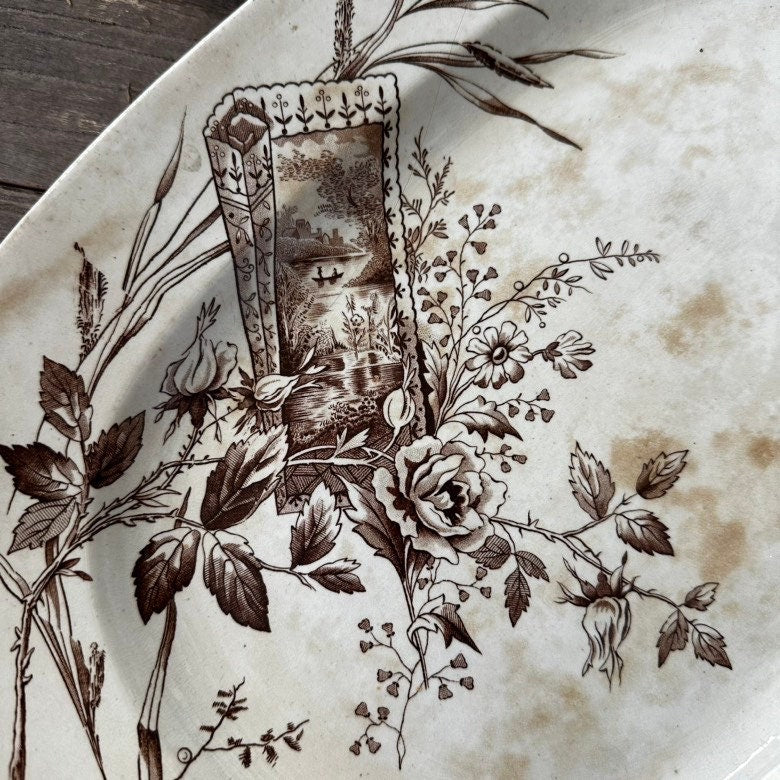 Platter Aesthetic Movement Brown Transferware Floral Pattern English Ironstone Edge, Malkin & Co Trentham Pattern 77306