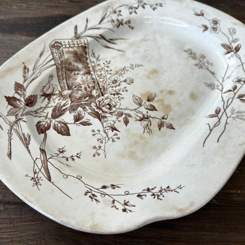 Platter Aesthetic Movement Brown Transferware Floral Pattern English Ironstone Edge, Malkin & Co Trentham Pattern 77306