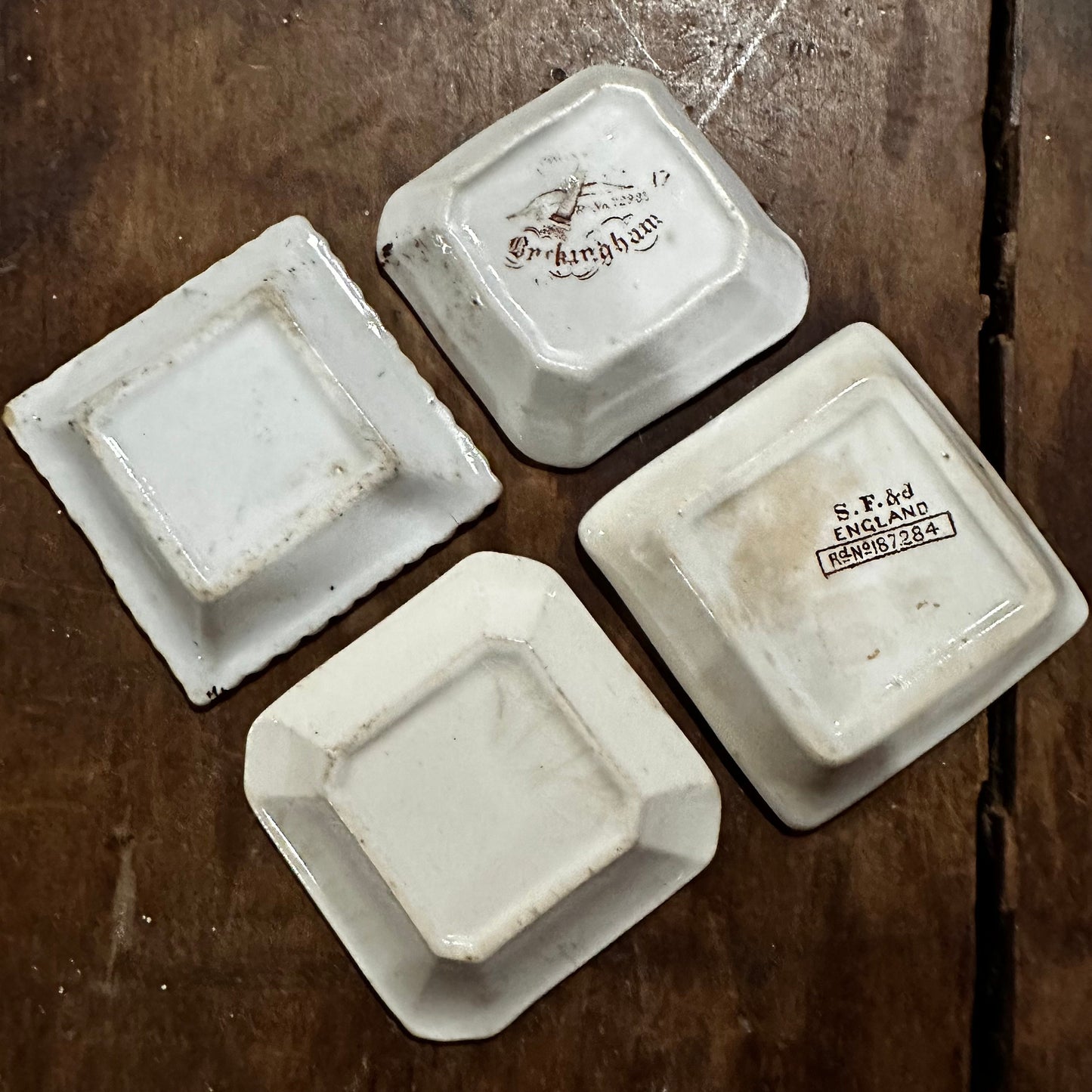 Set of 4 Square Butter Pats Brown Transferware White Ironstone Ridgways Smith Ford & Jones 1096