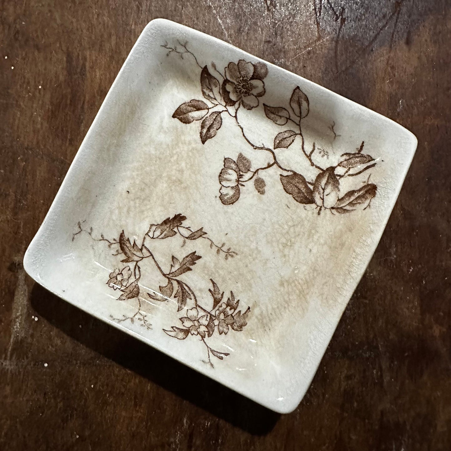 Set of 4 Square Butter Pats Brown Transferware White Ironstone Ridgways Smith Ford & Jones 1096