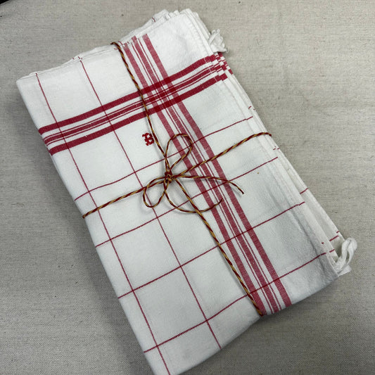 French Vintage Torchons Tea Towels Red Ticking Stripe Windowpane B Monogram