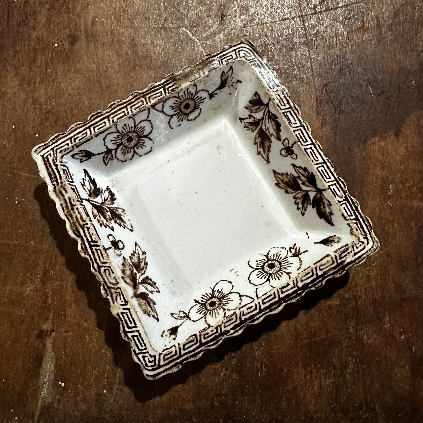 Set of 4 Square Butter Pats Brown Transferware White Ironstone Ridgways Smith Ford & Jones 1096