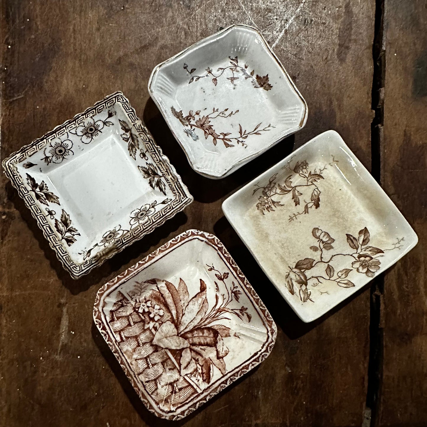 Set of 4 Square Butter Pats Brown Transferware White Ironstone Ridgways Smith Ford & Jones 1096