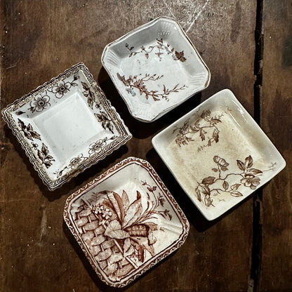 Set of 4 Square Butter Pats Brown Transferware White Ironstone Ridgways Smith Ford & Jones 1096